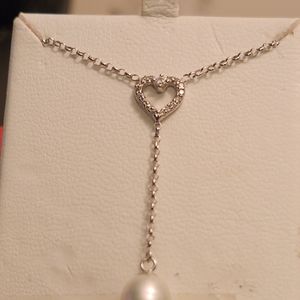 NEW STERLING SILVER 925 "FAUX PEARL HEART CRYSTAL" LARIAT NECKLACE